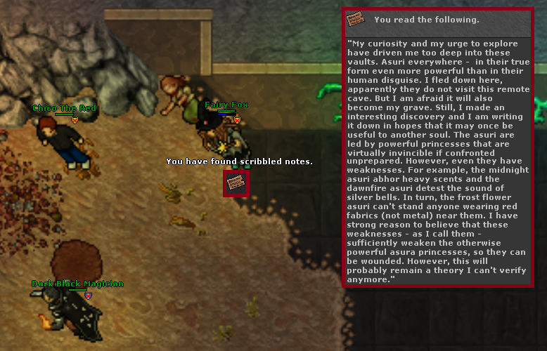 Jogadores pegando a Scribbled Note com as estratégias necessárias para derrotar as Princesas Asuri.