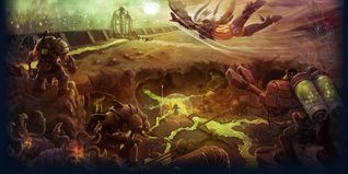 Venha a Rathleton! - Update 10.50 - Verão 2014 Na ilustração podemos ver: guerreiros usando Glooth Engineer Outfits chegando à cidade Rathleton junto às criaturas: Glooth Golem, Metal Gargoyle e Glooth Anemone. Ao fundo, Worm Priestess, Minotaur Hunter e a montaria Walker (Mount).